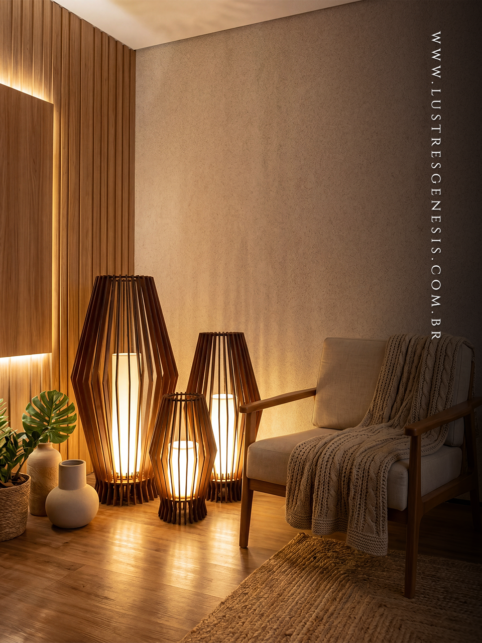 Luminária de chão Palmeira Ø32x64cm com acabamento em madeira imbuia, iluminando uma sala de estar moderna com sofá cinza, tapete felpudo e decoração de quadros na parede.